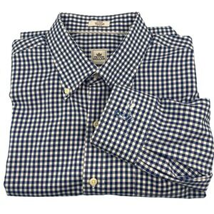 Peter Millar Mens Large Nanoluxe Easy Care Gingham Button Down Shirt Navy Blue